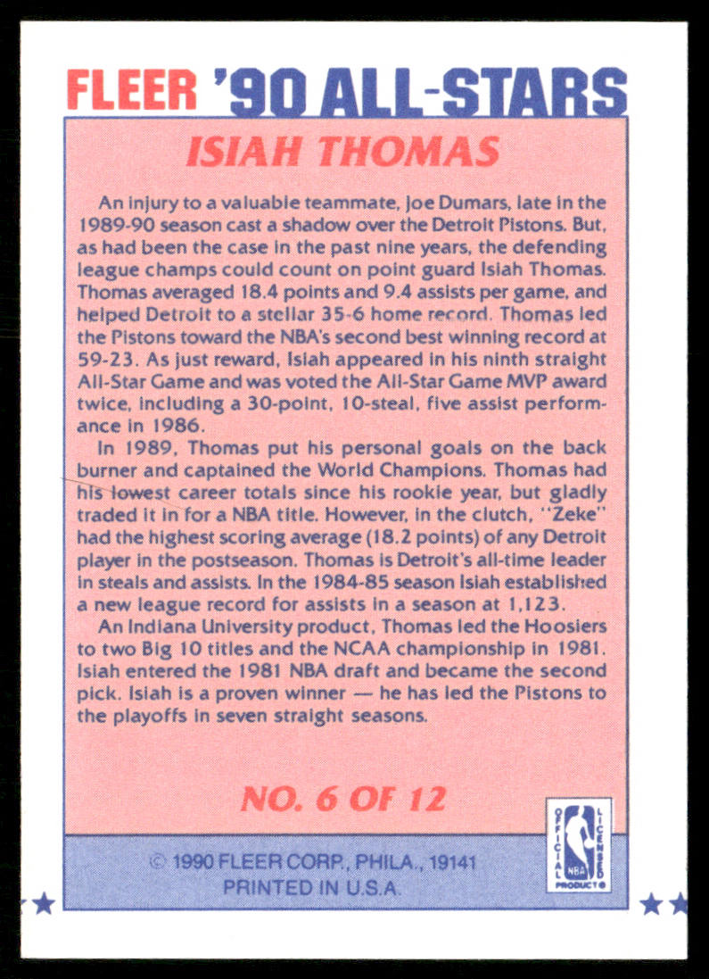 Isiah Thomas 1990-91 Fleer All-Stars #6 Detroit Pistons