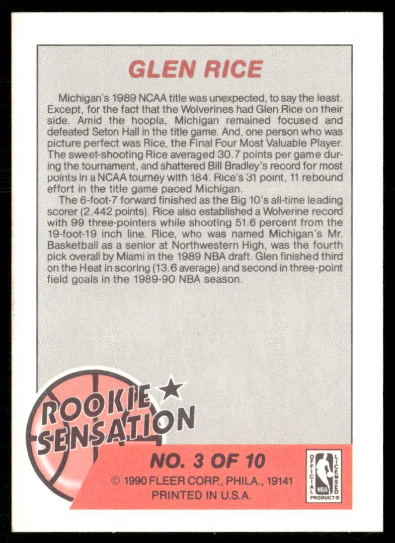 Glen Rice 1990-91 Fleer Rookie Sensations #3 Miami Heat