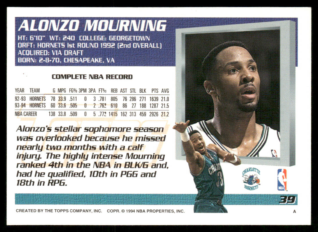 Alonzo Mourning 1994-95 Topps #39 Charlotte Hornets