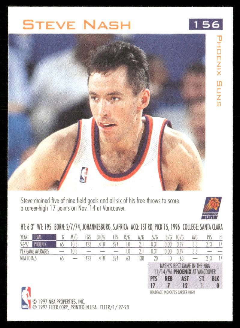 Steve Nash 1997-98 Fleer #156 Phoenix Suns