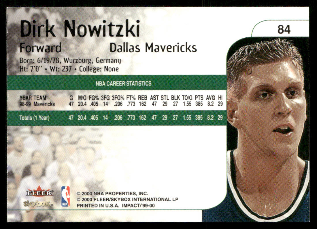 Dirk Nowitzki 1999-00 SkyBox Impact #84 Dallas Mavericks