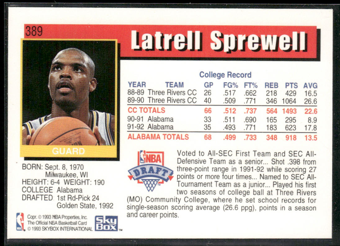 Latrell Sprewell 1992-93 Hoops #389 RC Golden State Warriors