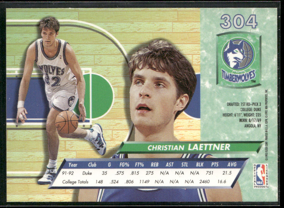 Christian Laettner 1992-93 Ultra #304 RC Minnesota Timberwolves