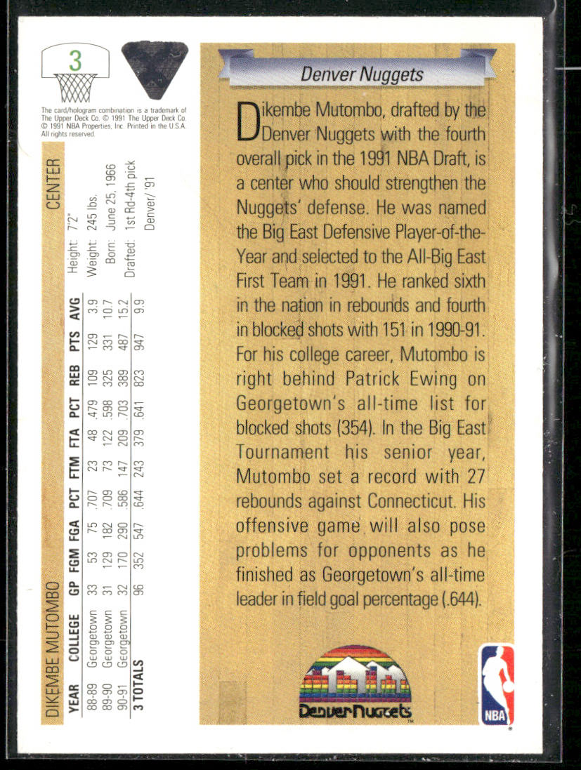Dikembe Mutombo 1991-92 Upper Deck #3 RC Denver Nuggets