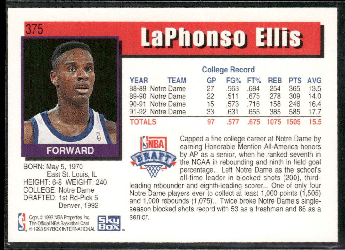 LaPhonso Ellis 1992-93 Hoops #375 RC Denver Nuggets