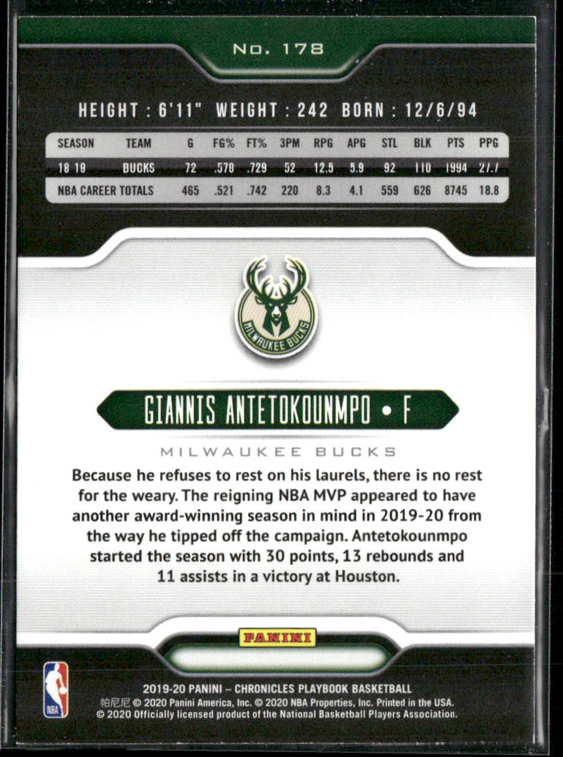 Giannis Antetokounmpo 2019-20 Panini Chronicles #178 Milwaukee Bucks