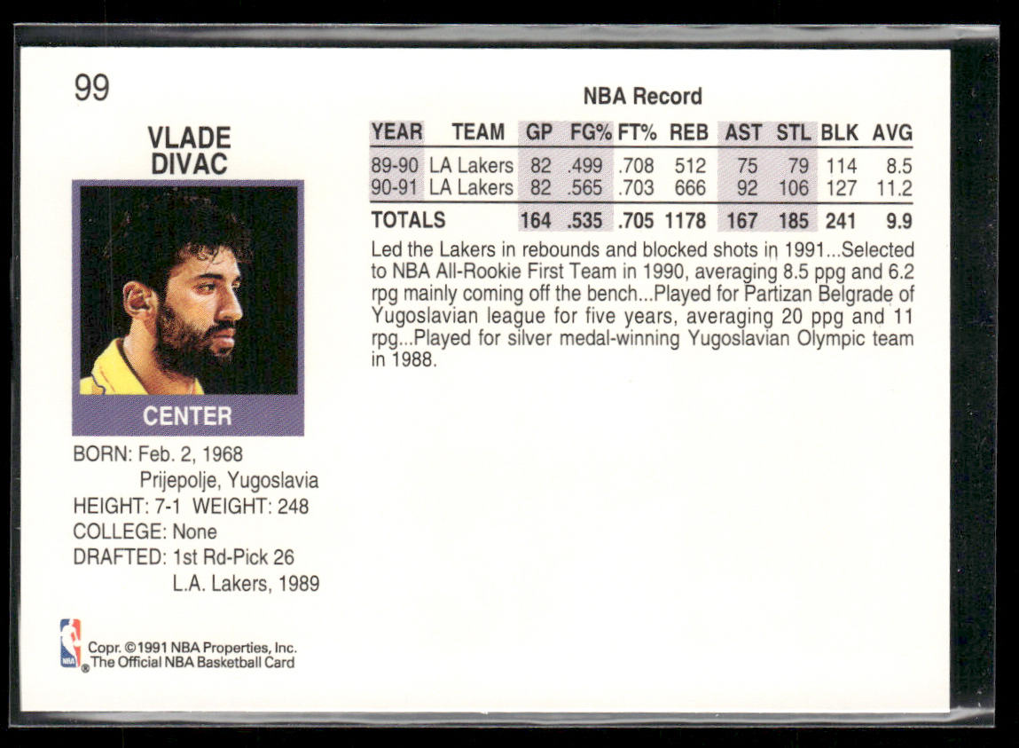 Vlade Divac 1991-92 Hoops #99 Los Angeles Lakers