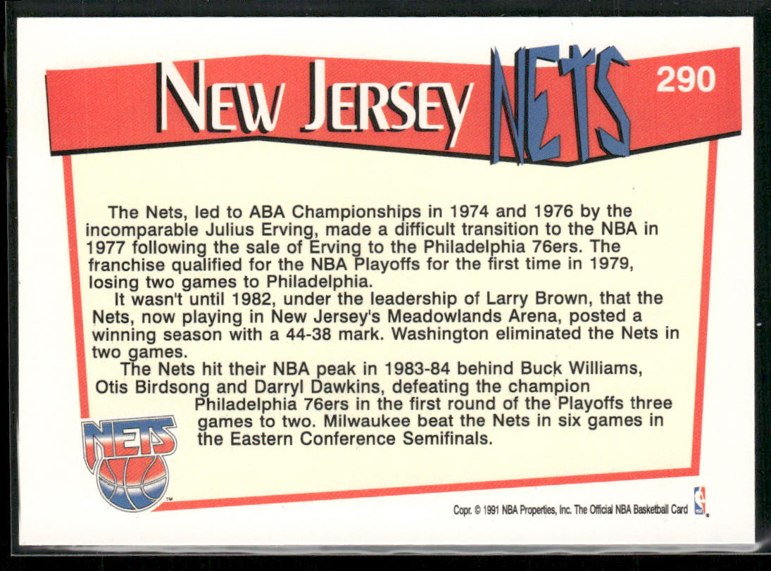 New Jersey Nets 1991-92 Hoops #290 New Jersey Nets