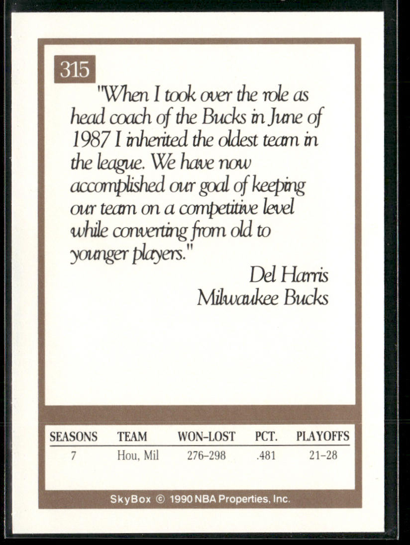 Del Harris 1990-91 SkyBox #315 Milwaukee Bucks