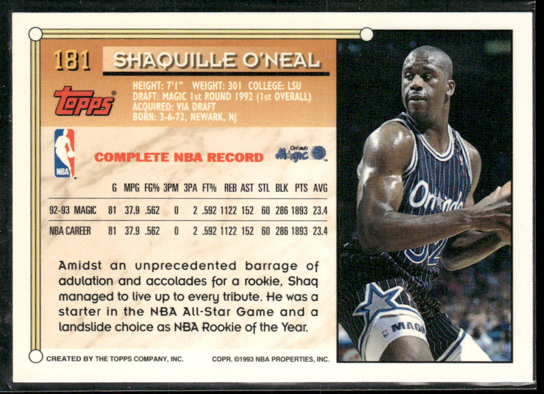Shaquille O'Neal 1993-94 Topps #181 Orlando Magic