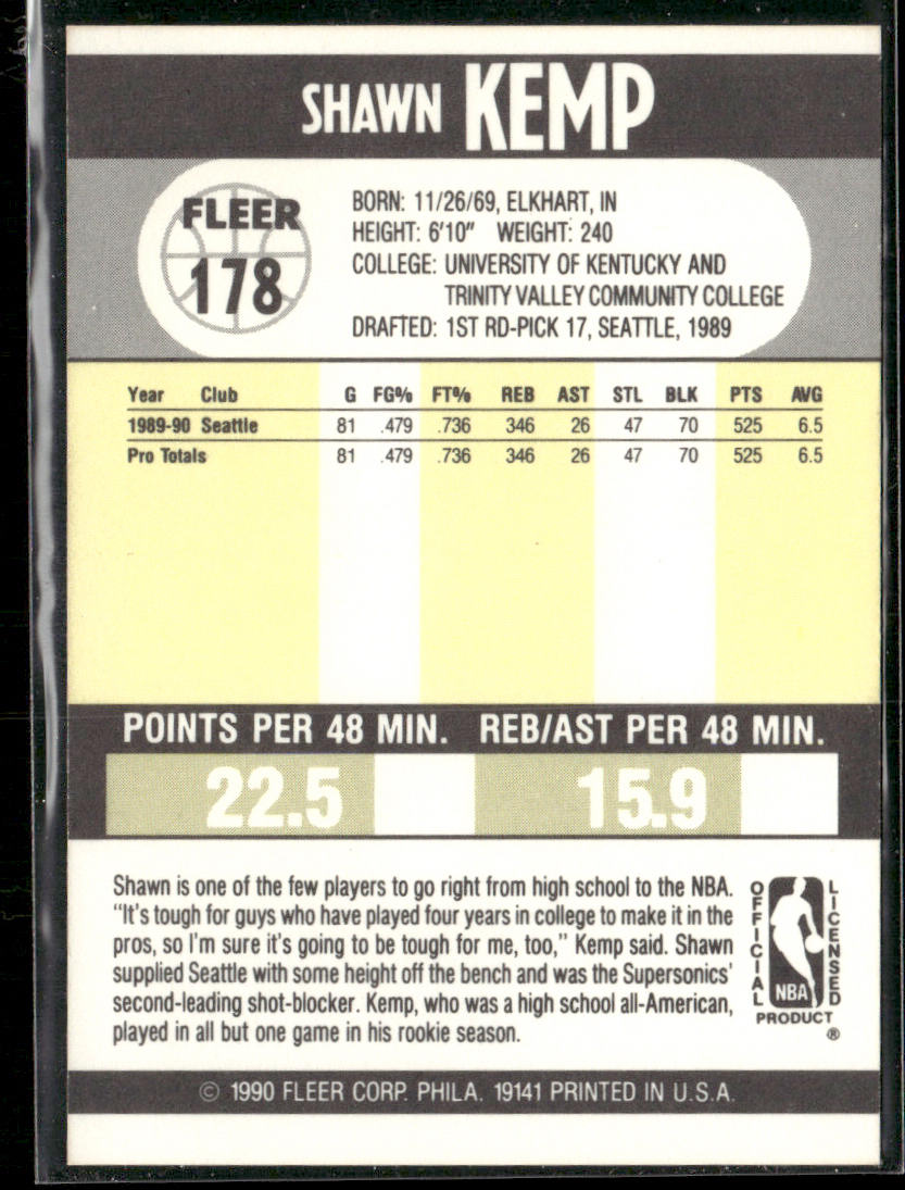 Shawn Kemp 1990-91 Fleer #178b RC Seattle SuperSonics