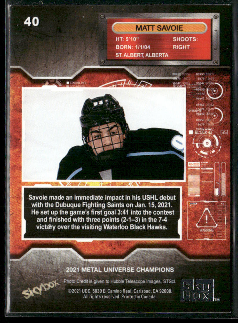 Matt Savoie 2021 SkyBox Metal Universe Champions #40