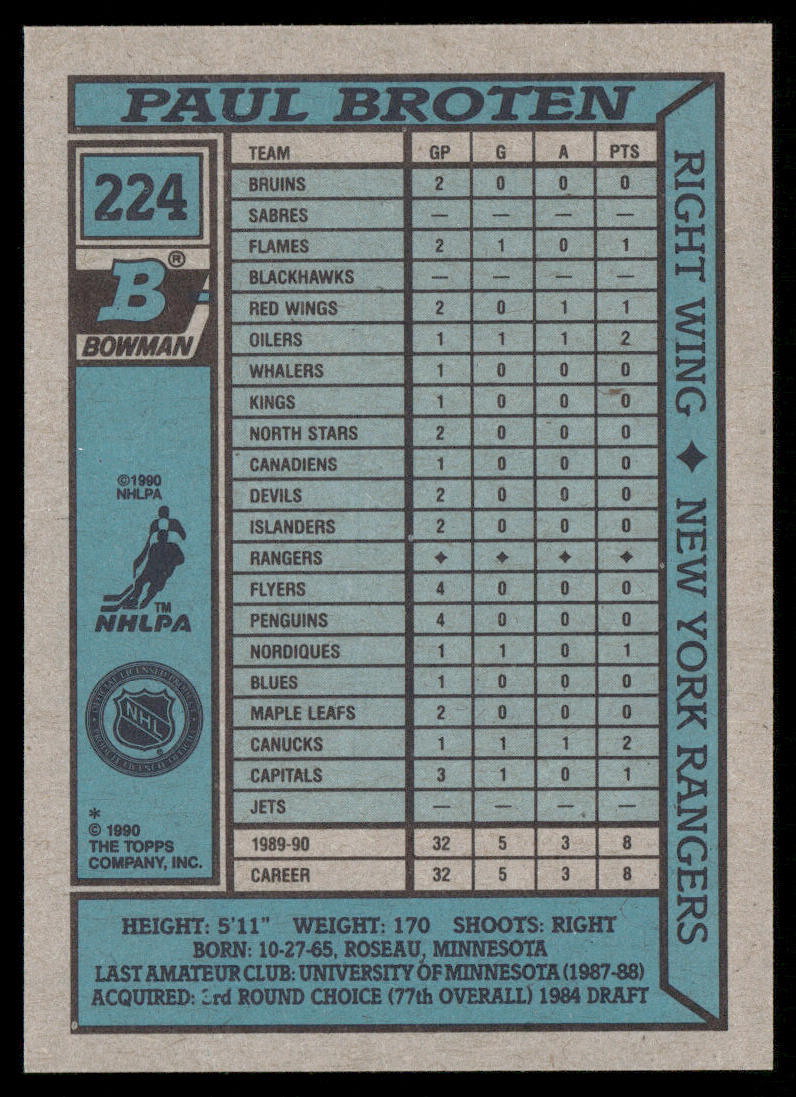 Paul Broten 1990-91 Bowman #224 RC New York Rangers