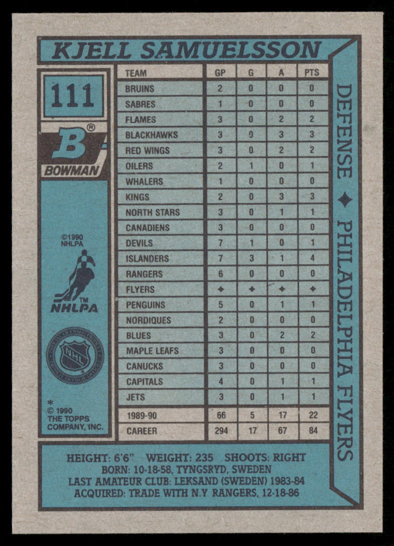 Kjell Samuelsson 1990-91 Bowman #111 Philadelphia Flyers