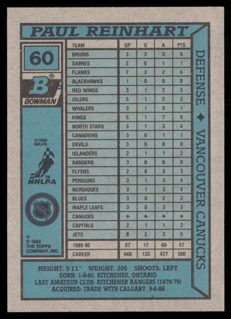 Paul Reinhart 1990-91 Bowman #60 Vancouver Canucks