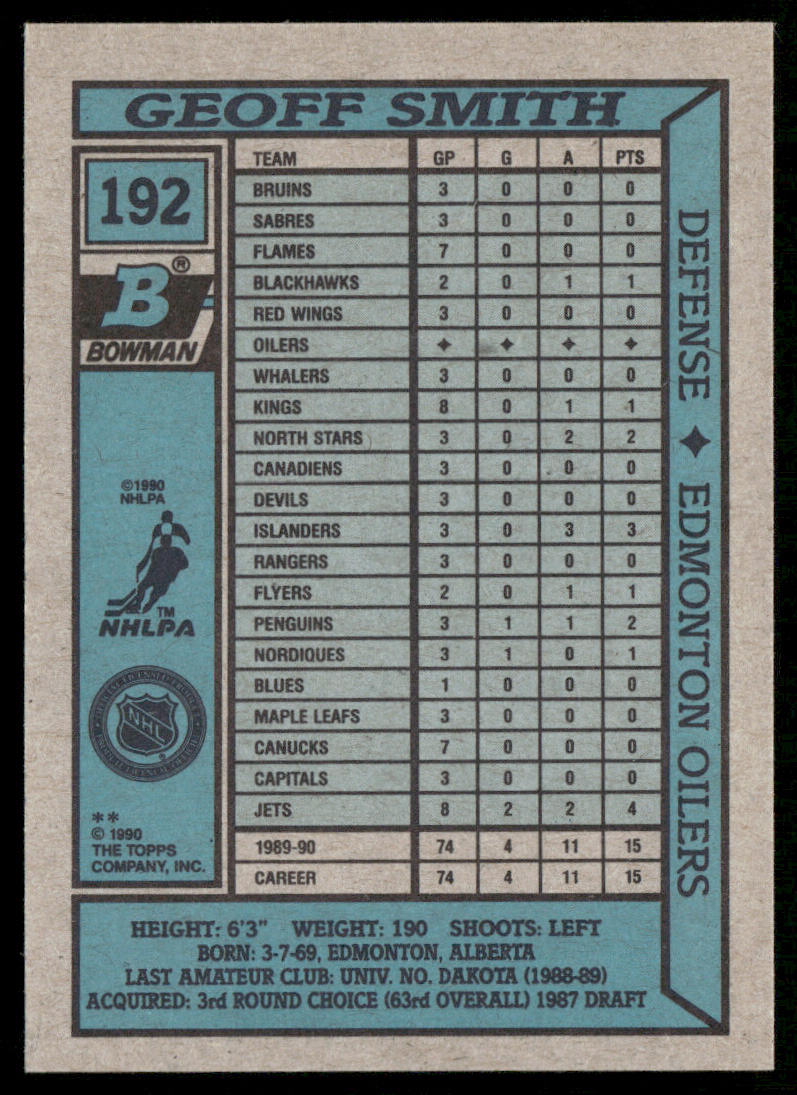 Geoff Smith 1990-91 Bowman #192 RC Edmonton Oilers