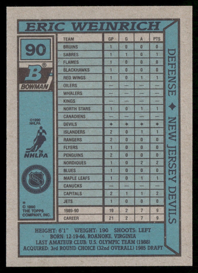 Eric Weinrich 1990-91 Bowman #90 RC New Jersey Devils