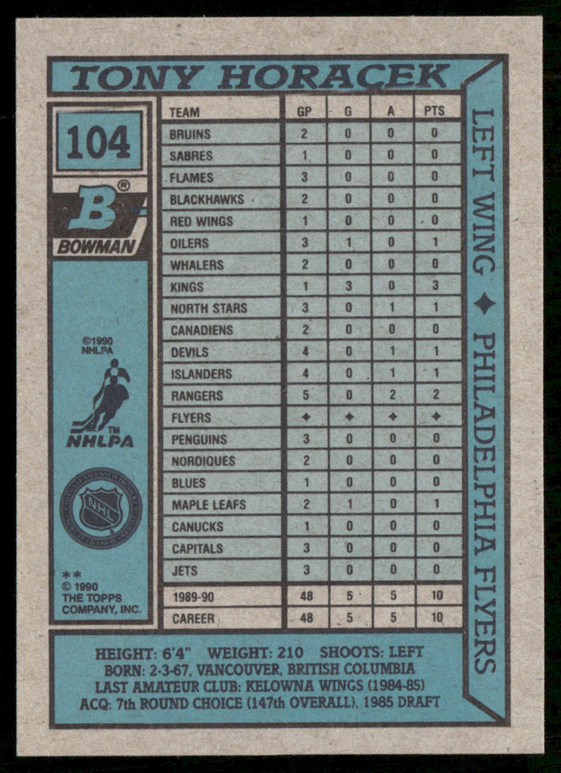 Tony Horacek 1990-91 Bowman #104 RC Philadelphia Flyers