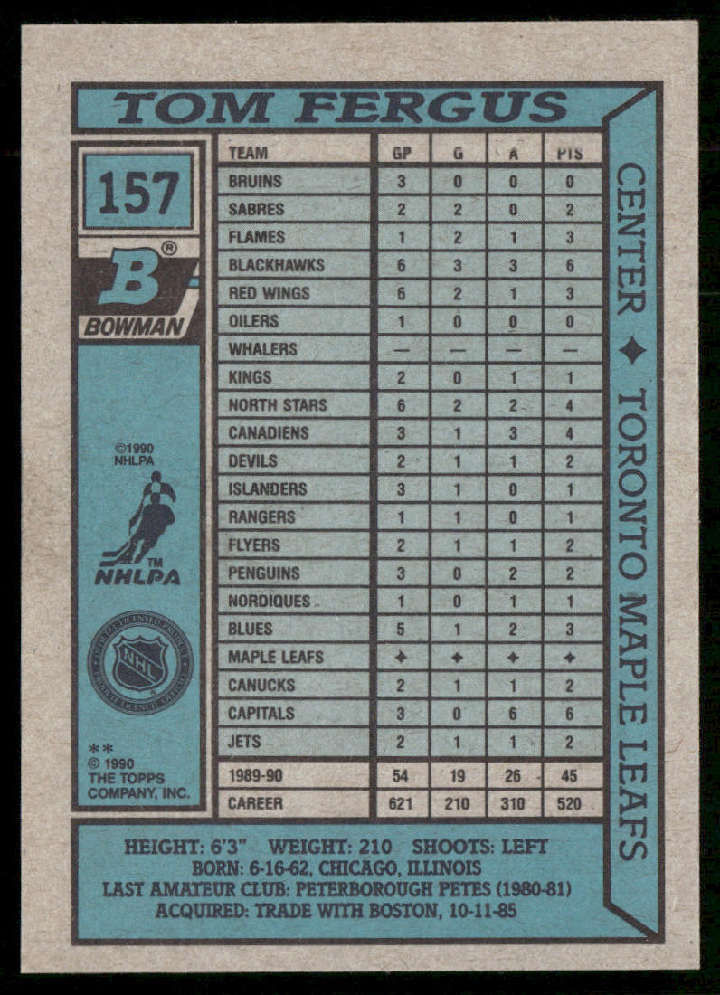Tom Fergus 1990-91 Bowman #157 Toronto Maple Leafs