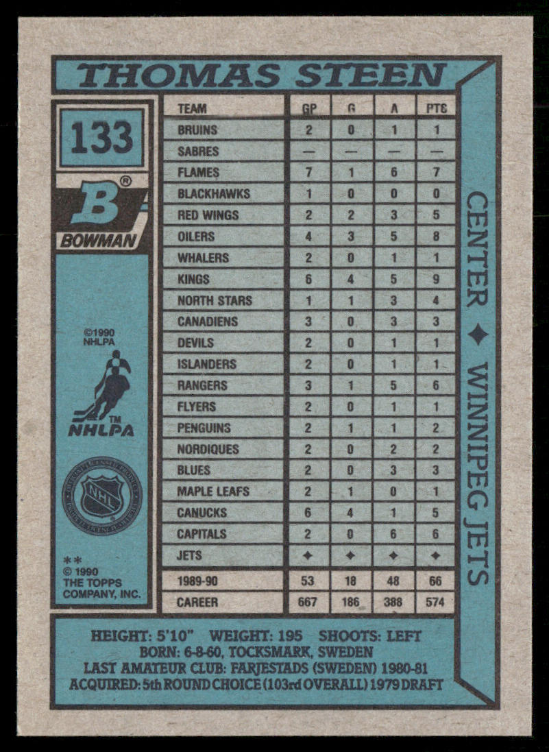 Thomas Steen 1990-91 Bowman #133 Winnipeg Jets