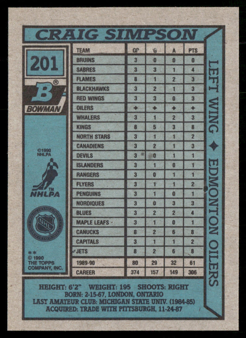Craig Simpson 1990-91 Bowman #201 Edmonton Oilers