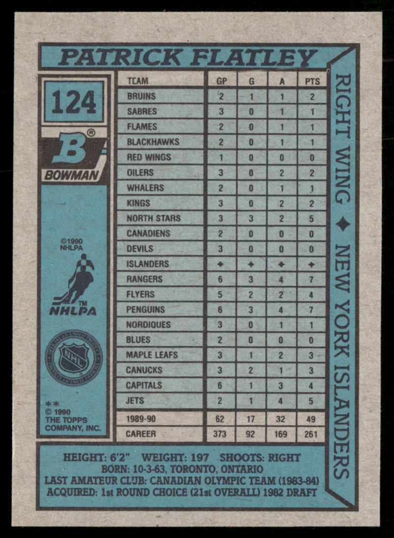 Patrick Flatley 1990-91 Bowman #124 New York Islanders