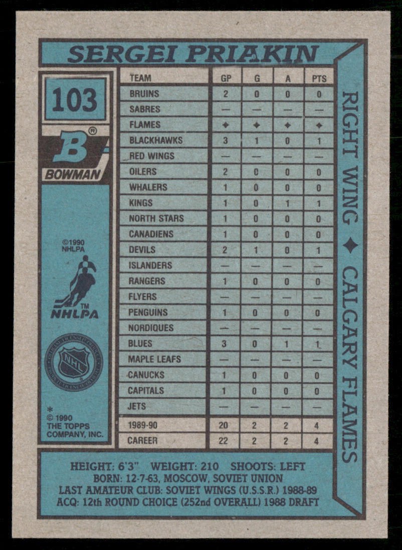 Sergei Priakin 1990-91 Bowman #103 RC Calgary Flames