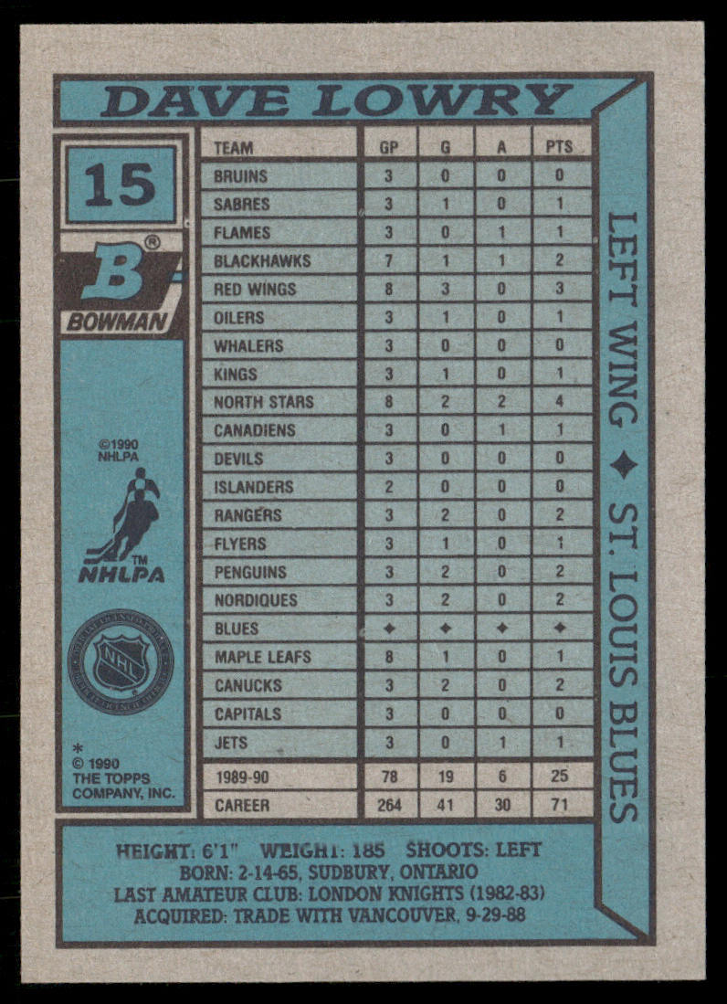 Dave Lowry 1990-91 Bowman #15 RC St. Louis Blues