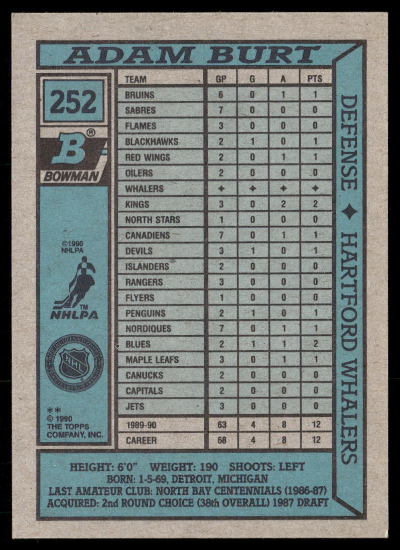 Adam Burt 1990-91 Bowman #252 RC Hartford Whalers