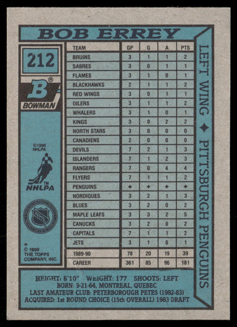 Bob Errey 1990-91 Bowman #212 Pittsburgh Penguins