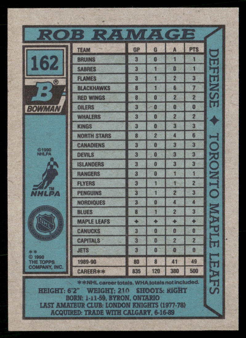 Rob Ramage 1990-91 Bowman #162 Toronto Maple Leafs