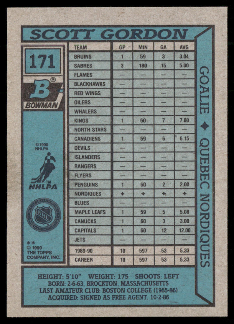 Scott Gordon 1990-91 Bowman #171 RC Quebec Nordiques