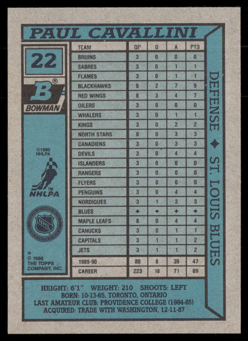 Paul Cavallini 1990-91 Bowman #22 St. Louis Blues