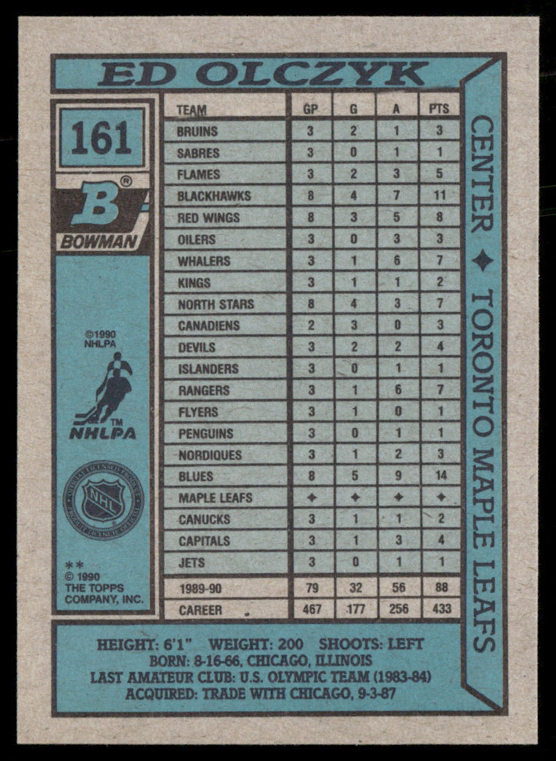 Ed Olczyk 1990-91 Bowman #161 Toronto Maple Leafs