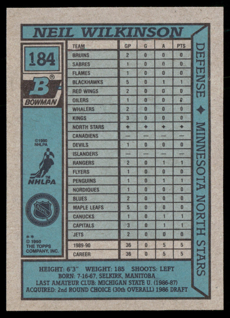 Neil Wilkinson 1990-91 Bowman #184 RC Minnesota North Stars