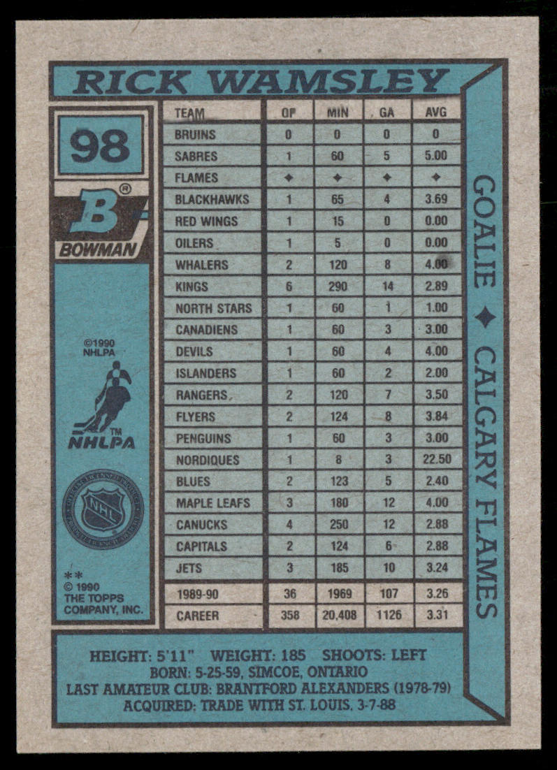 Rick Wamsley 1990-91 Bowman #98 Calgary Flames