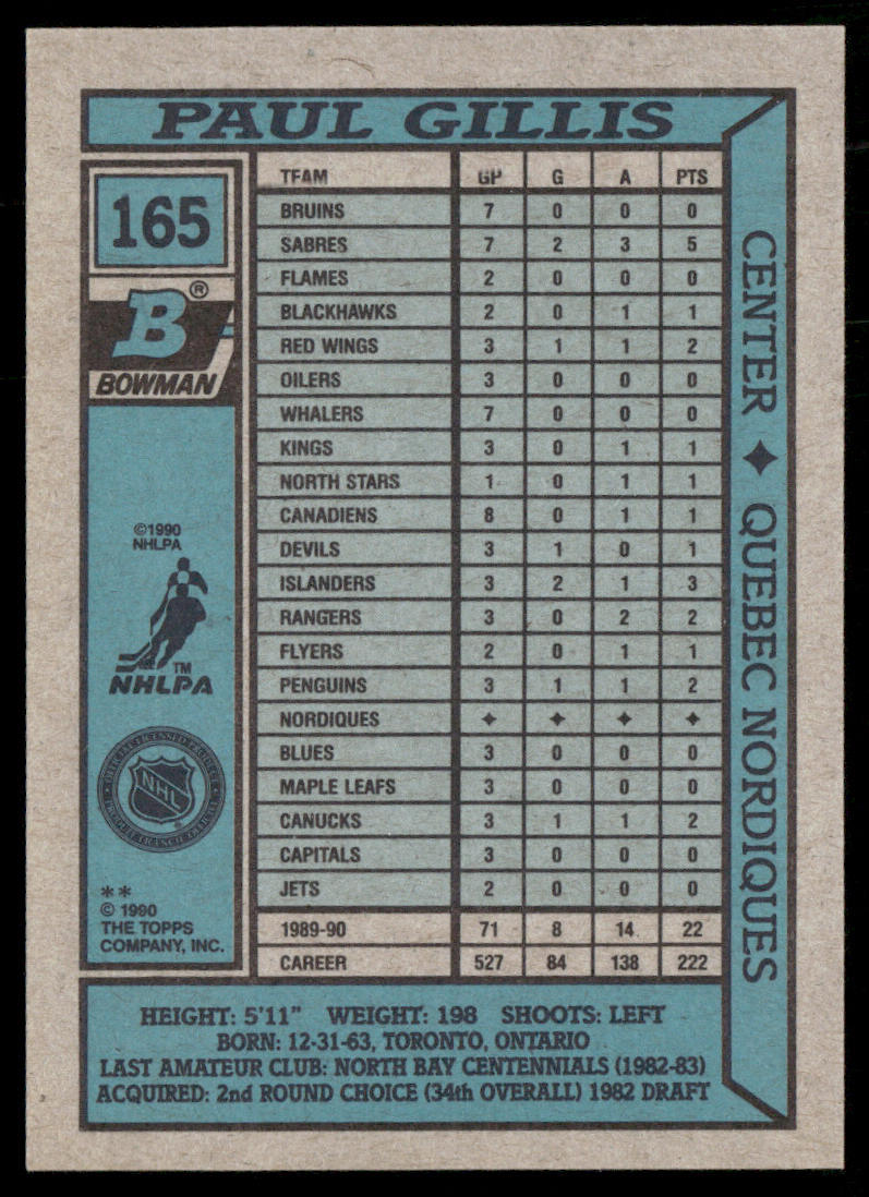 Paul Gillis 1990-91 Bowman #165 Quebec Nordiques