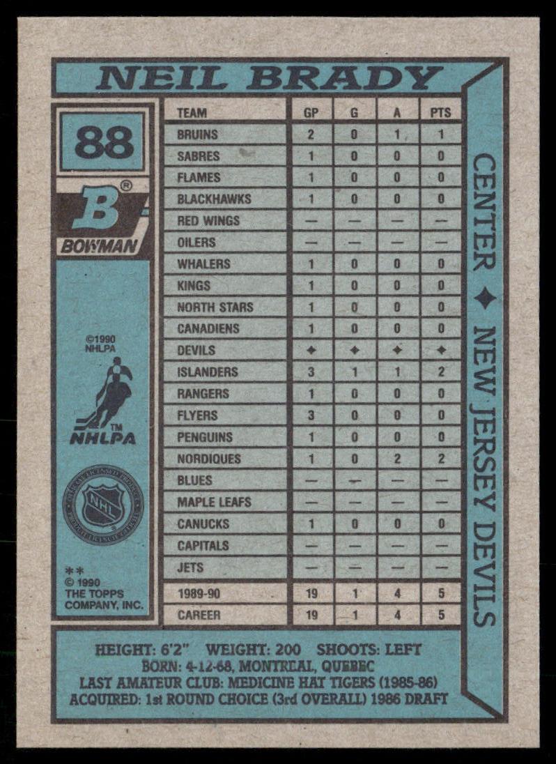 Neil Brady 1990-91 Bowman #88 RC New Jersey Devils