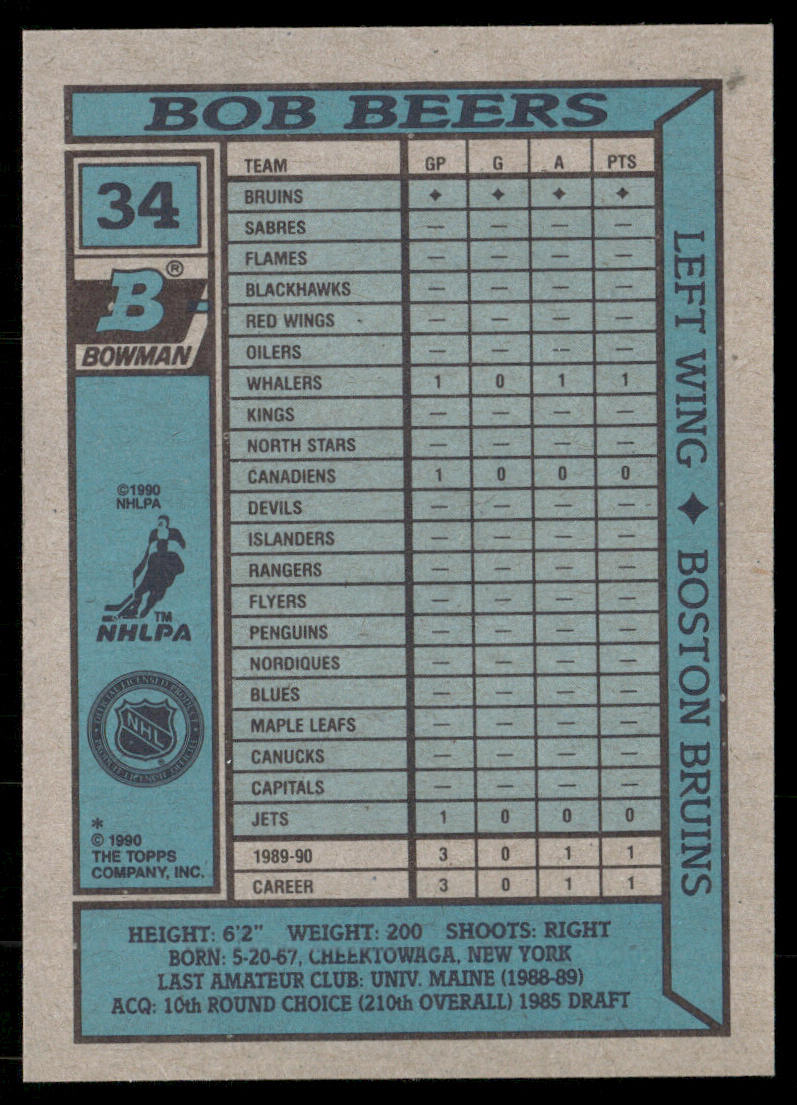 Bob Beers 1990-91 Bowman #34 RC Boston Bruins