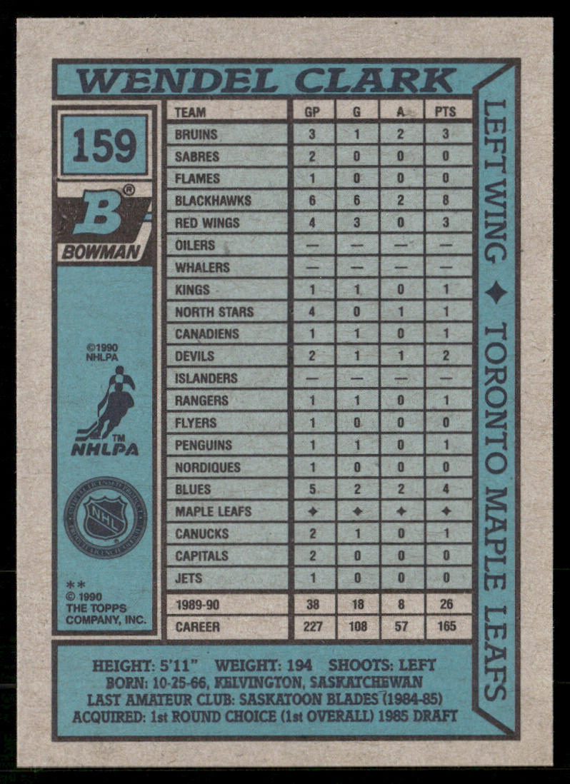 Wendel Clark 1990-91 Bowman #159 Toronto Maple Leafs