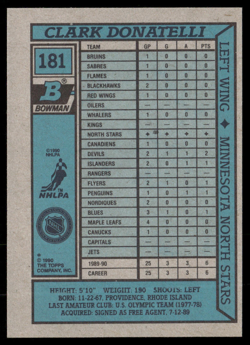 Clark Donatelli 1990-91 Bowman #181 RC Minnesota North Stars