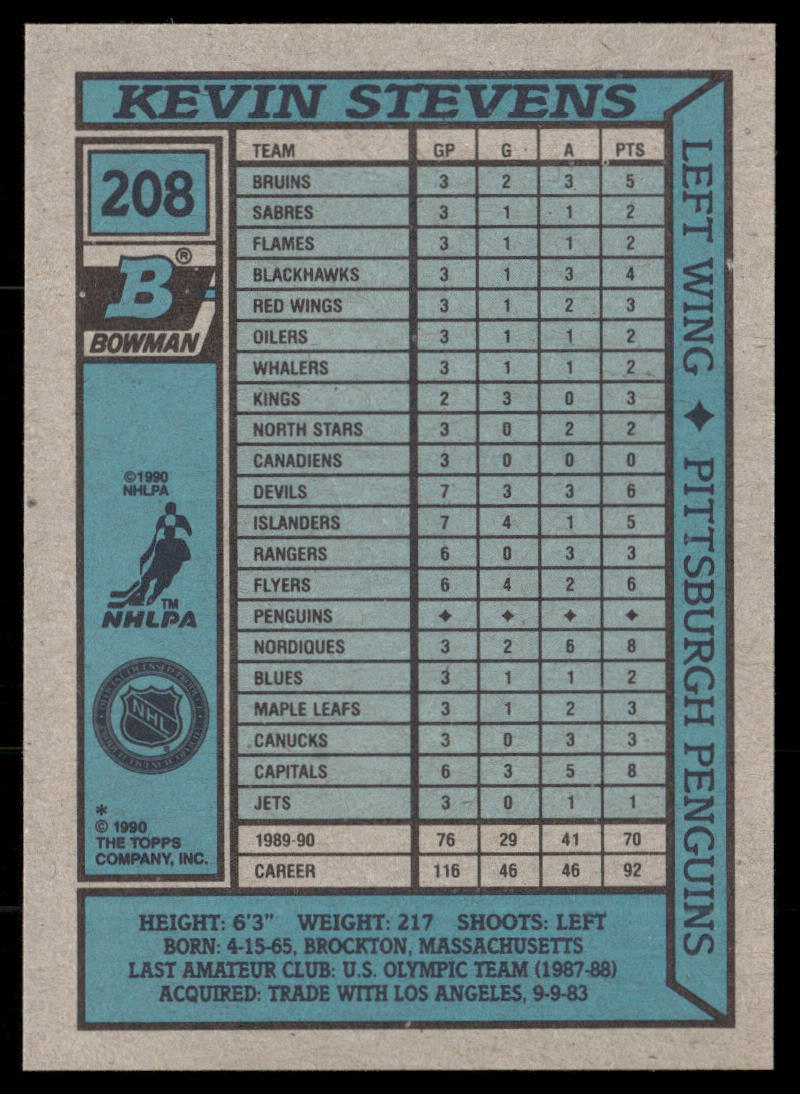 Kevin Stevens 1990-91 Bowman #208 RC Pittsburgh Penguins