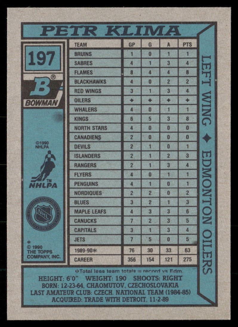 Petr Klima 1990-91 Bowman #197 Edmonton Oilers