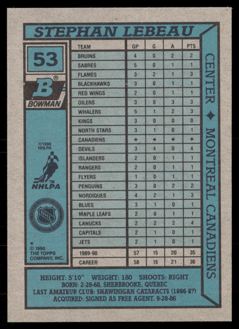 Stephan Lebeau 1990-91 Bowman #53 RC Montreal Canadiens