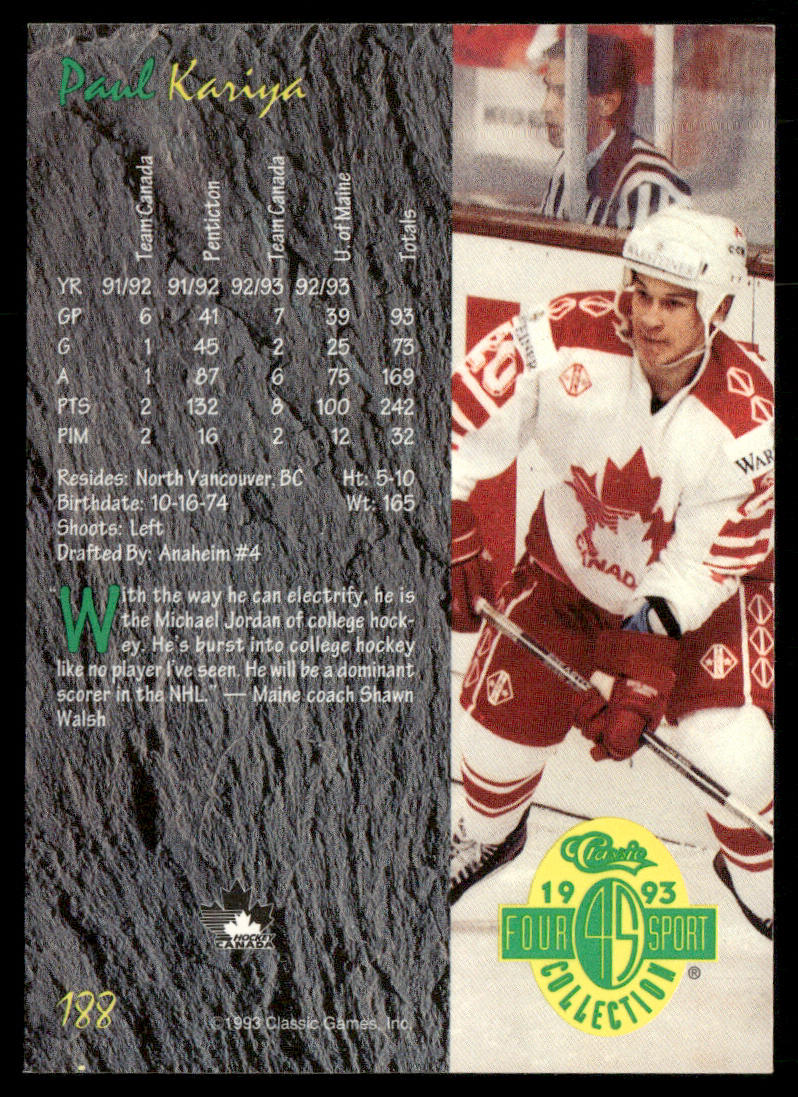 Paul Kariya 1993 Classic Four Sport #188 Canada