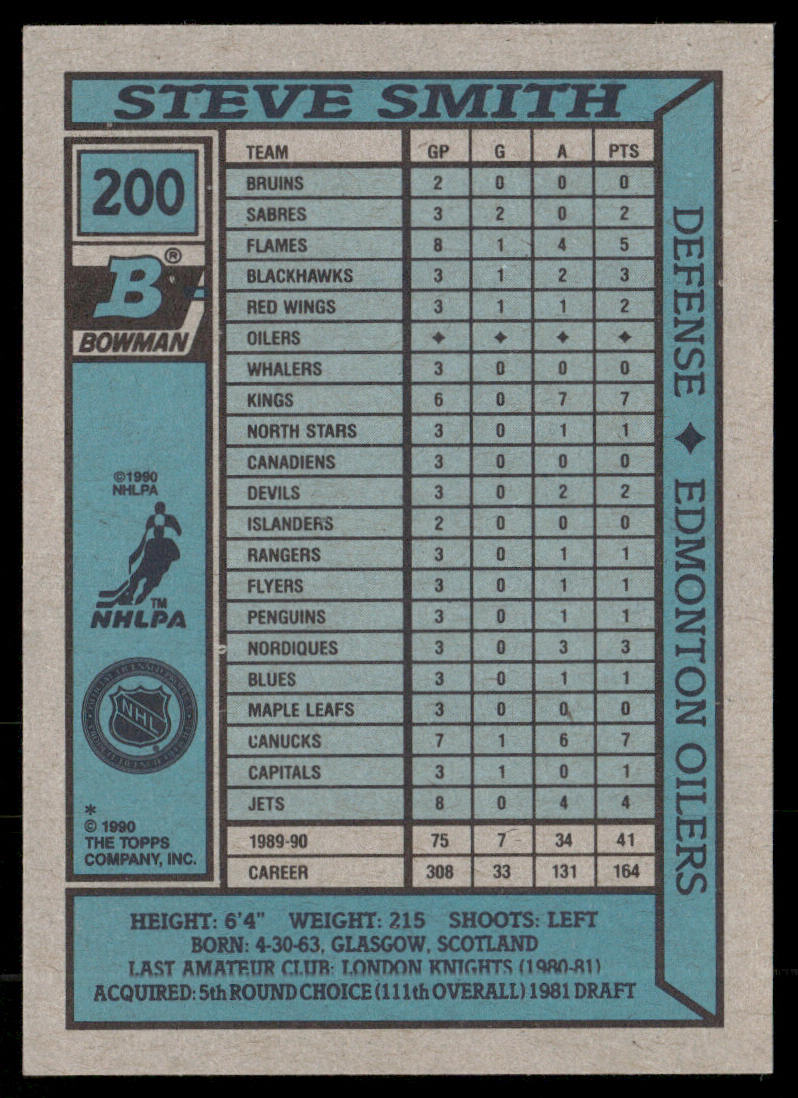 Steve Smith 1990-91 Bowman #200 Edmonton Oilers
