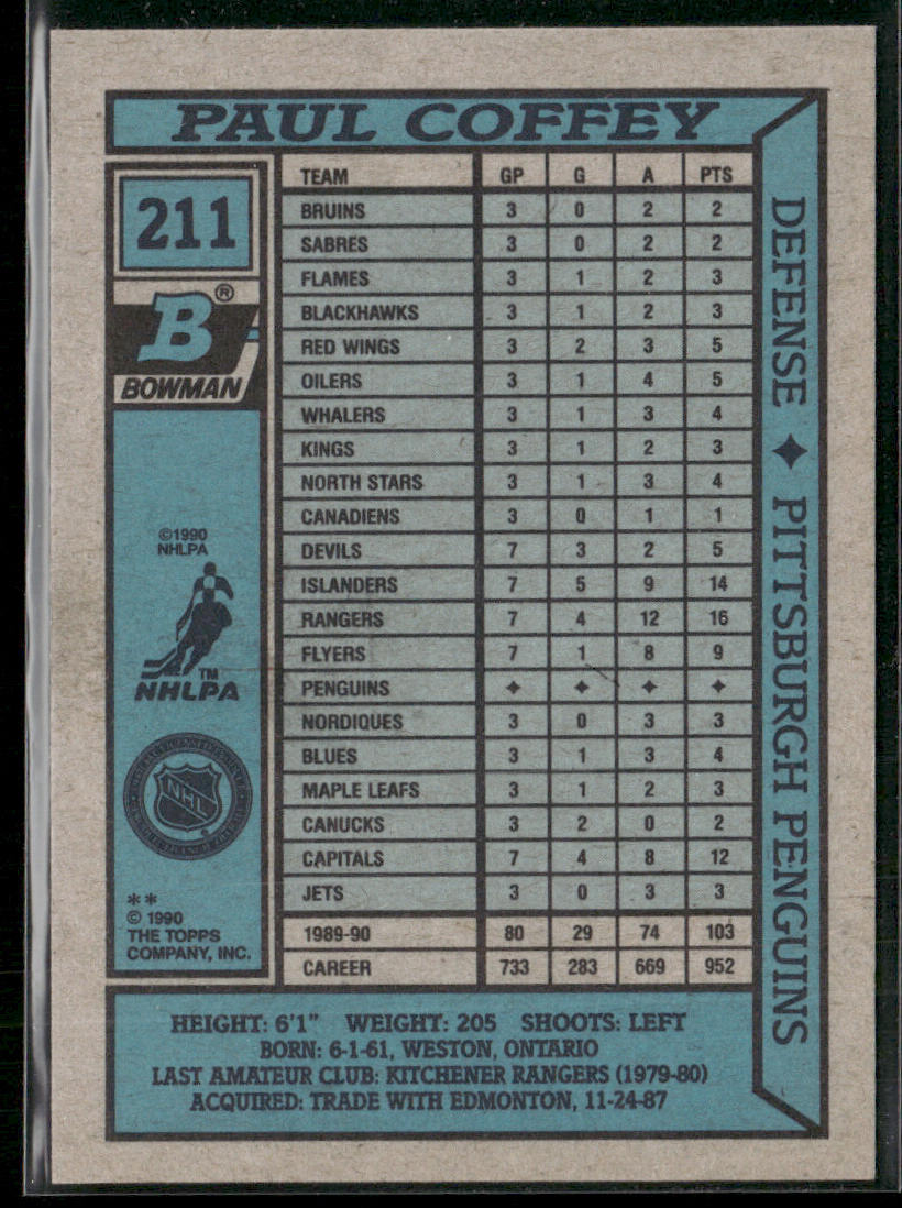 Paul Coffey 1990-91 Bowman #211 Pittsburgh Penguins