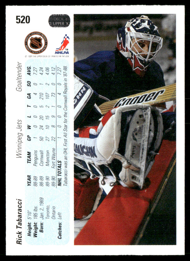 Rick Tabaracci 1990-91 Upper Deck #520 RC Winnipeg Jets