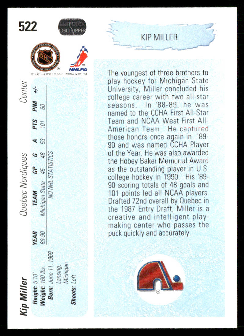 Kip Miller 1990-91 Upper Deck #522 RC Quebec Nordiques