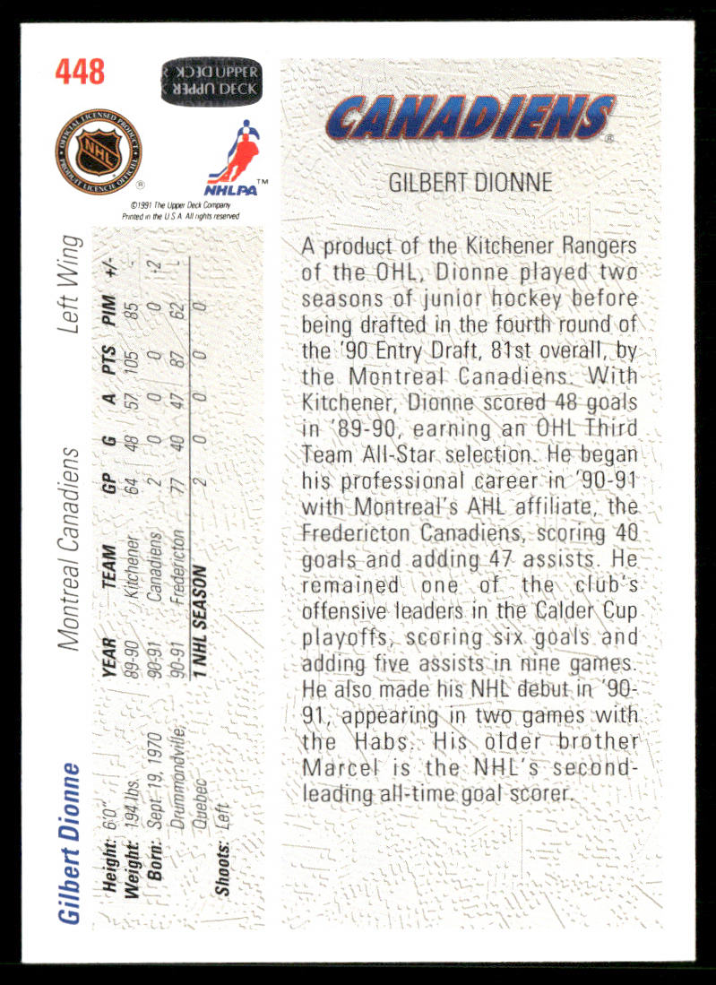 Gilbert Dionne 1991-92 Upper Deck #448 RC Montreal Canadiens